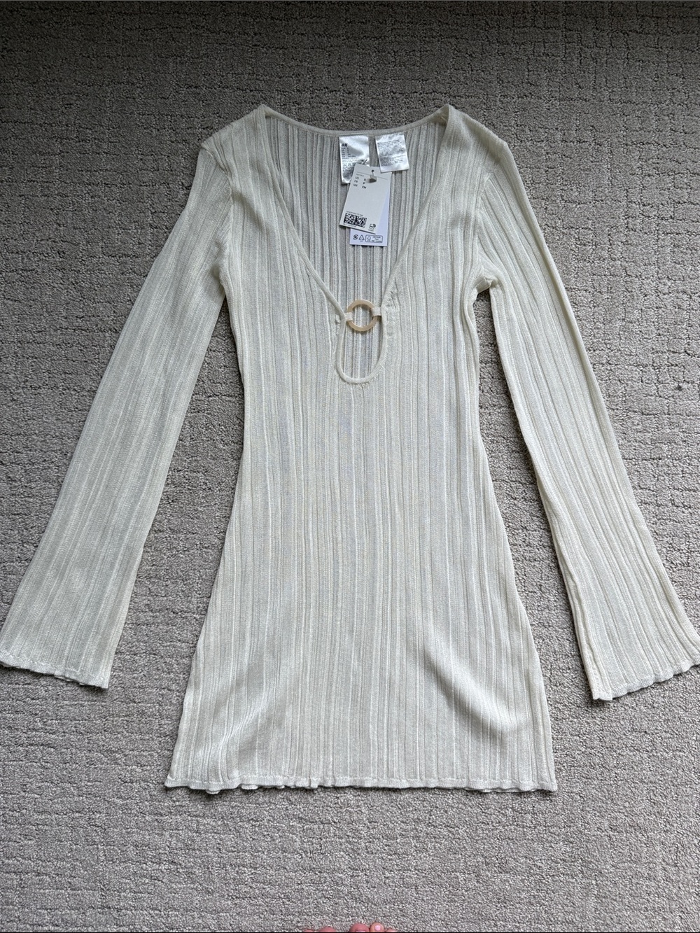 Long Sleeve Ribbed Coverup Dress with Ring Detail in Cream - Picture 1 of 2